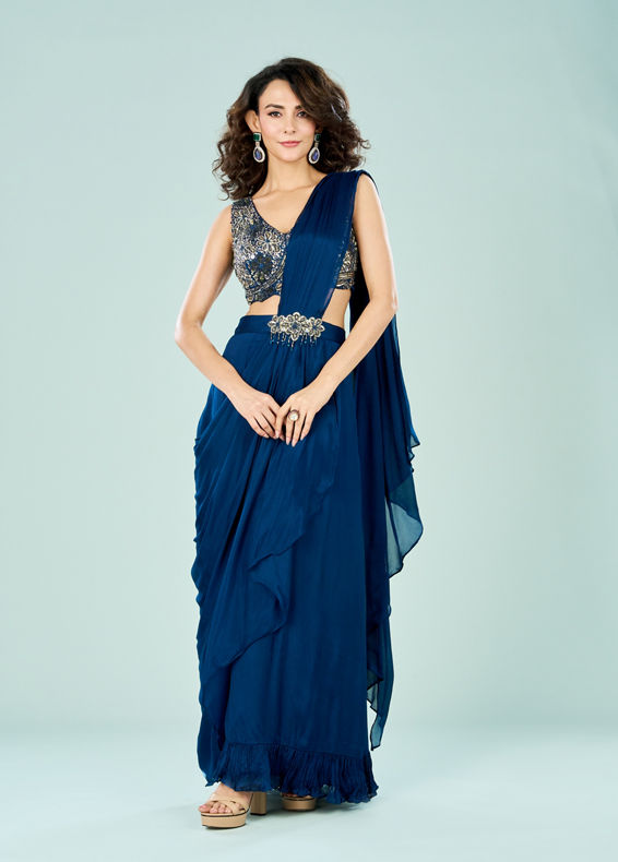 Mohey Women Stellar Blue Chinon Pre Draped Saree