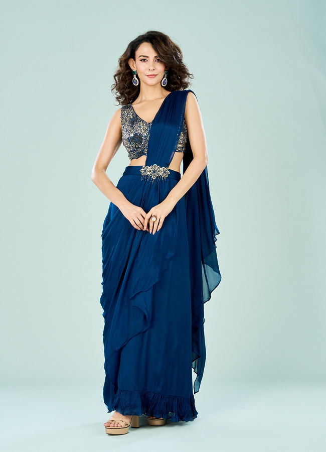 Mohey Women Stellar Blue Chinon Pre Draped Saree