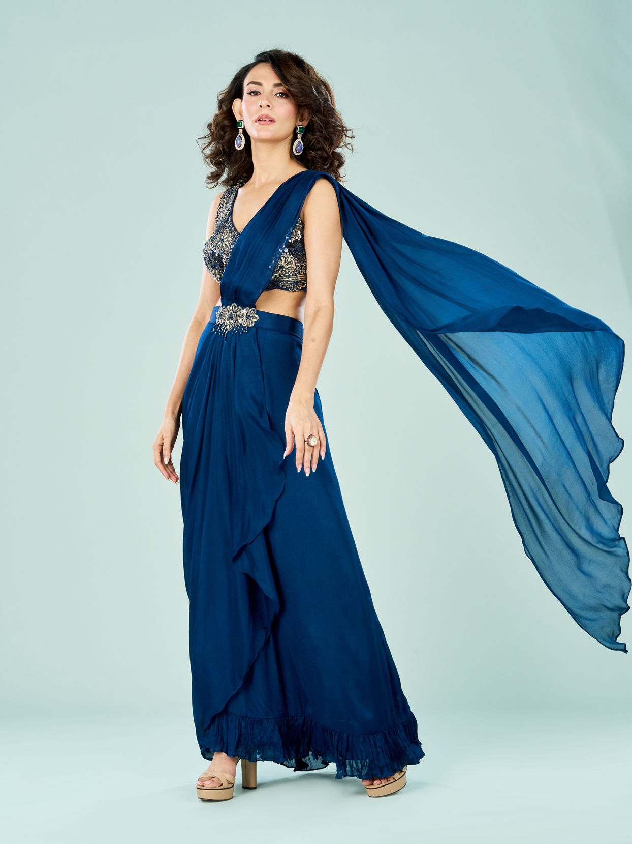 Mohey Women Stellar Blue Chinon Pre Draped Saree