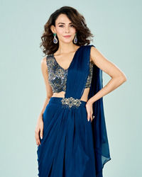 Mohey Women Stellar Blue Chinon Pre Draped Saree
