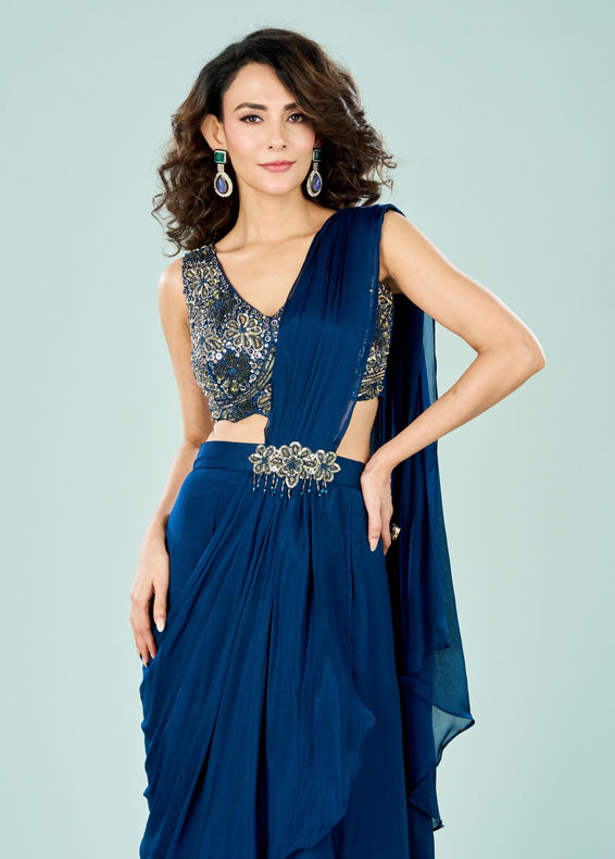 Mohey Women Stellar Blue Chinon Pre Draped Saree