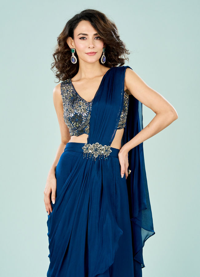 Mohey Women Stellar Blue Chinon Pre Draped Saree
