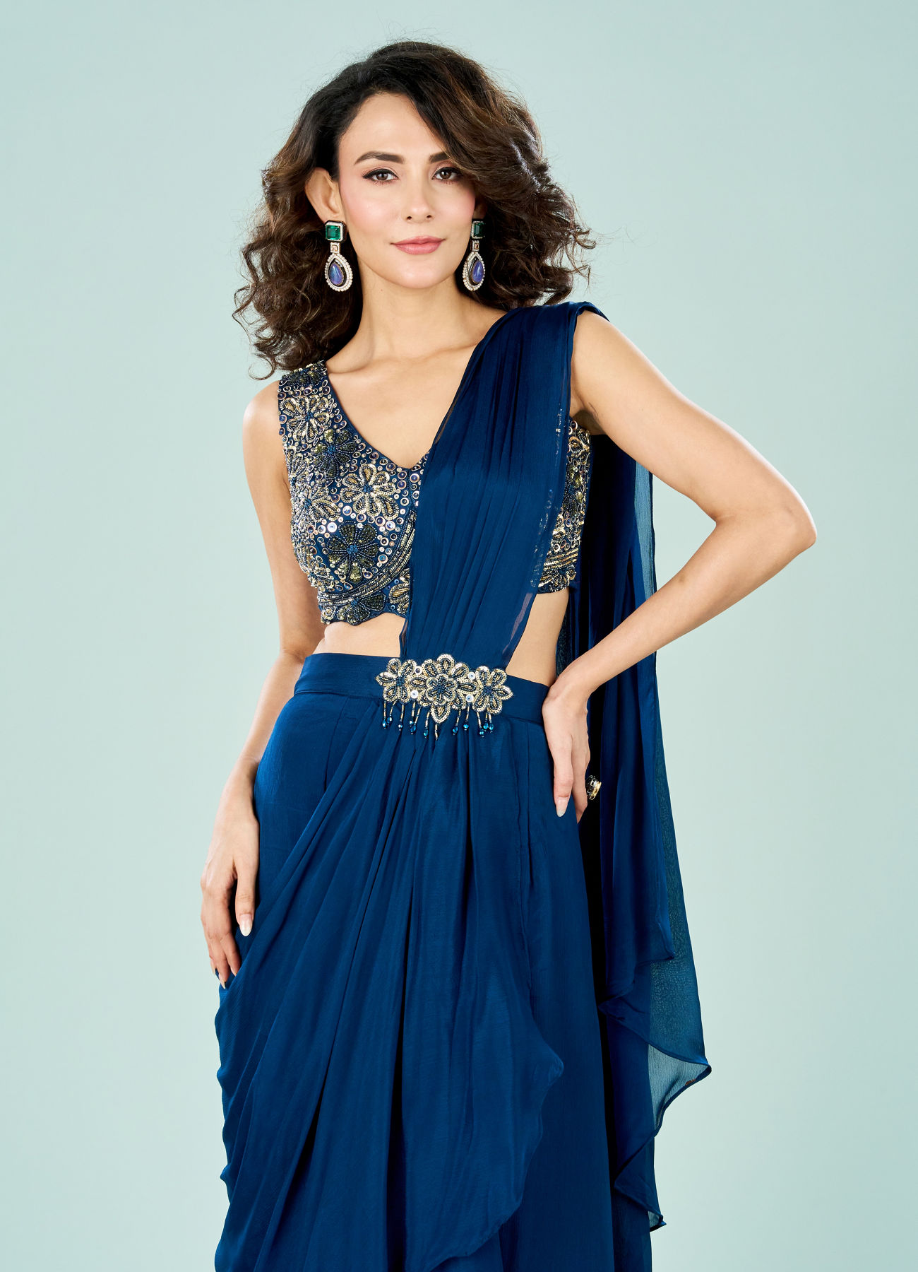 Mohey Women Stellar Blue Chinon Pre Draped Saree