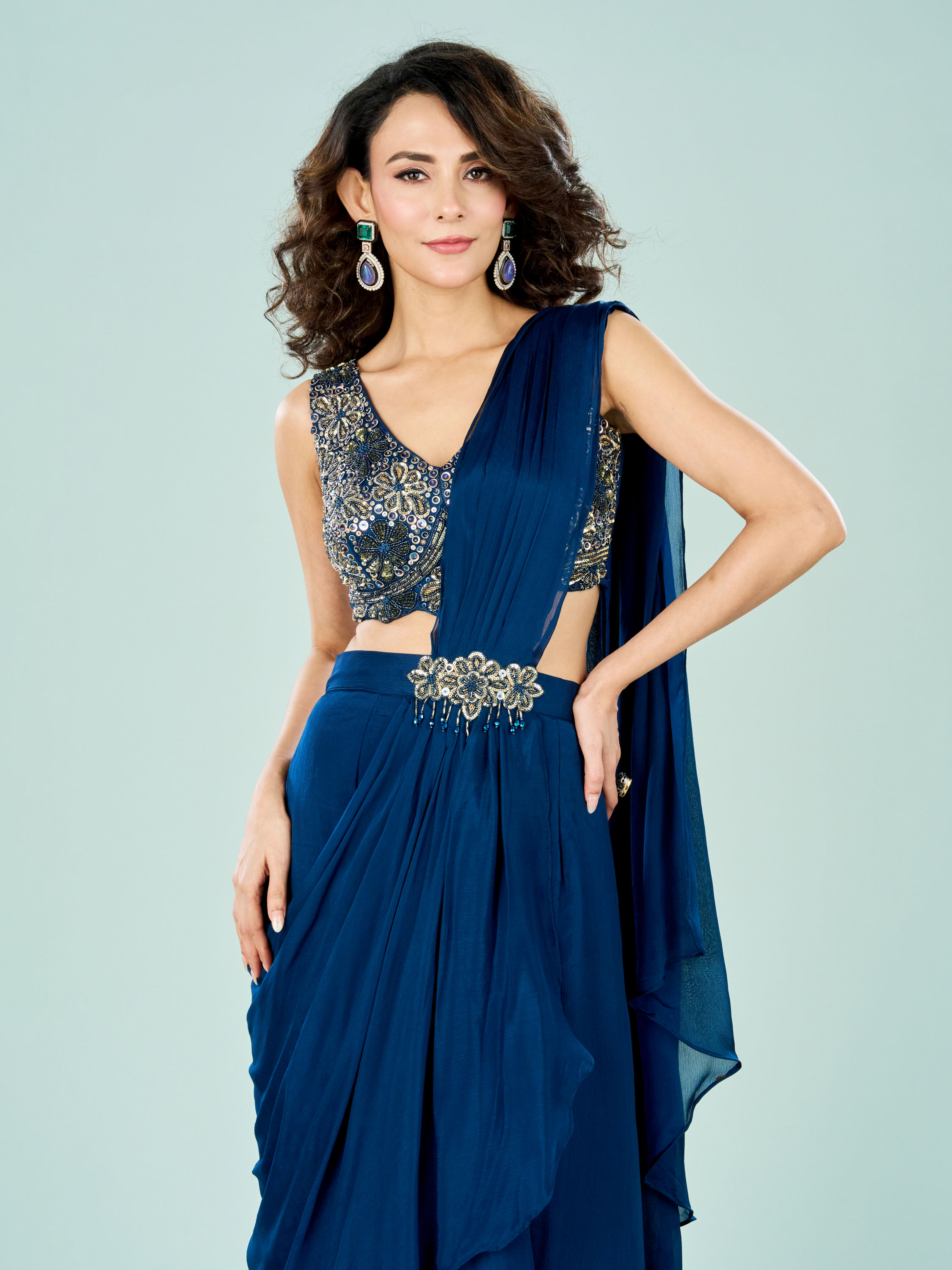 Mohey Women Stellar Blue Chinon Pre Draped Saree