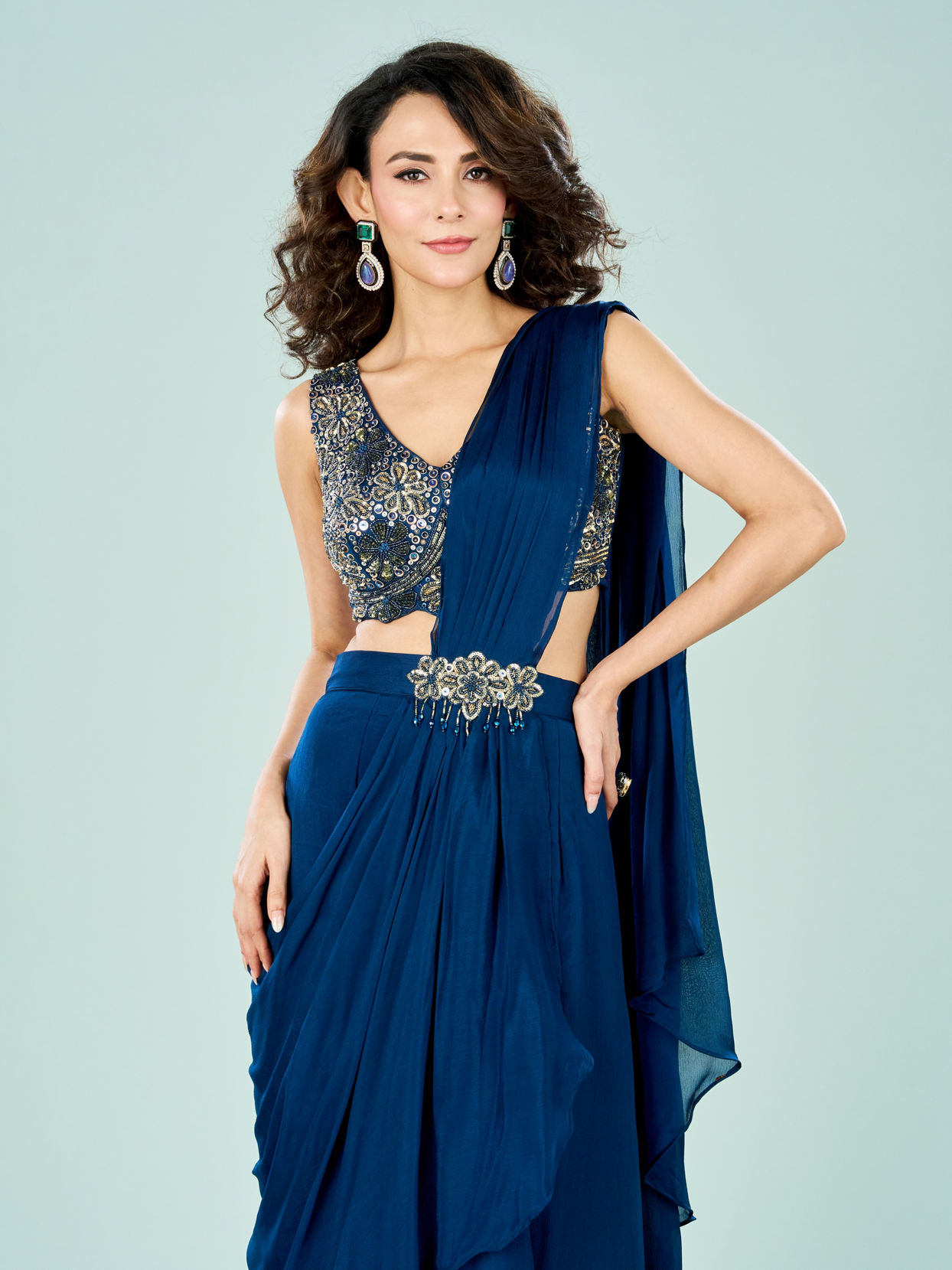 Mohey Women Stellar Blue Chinon Pre Draped Saree