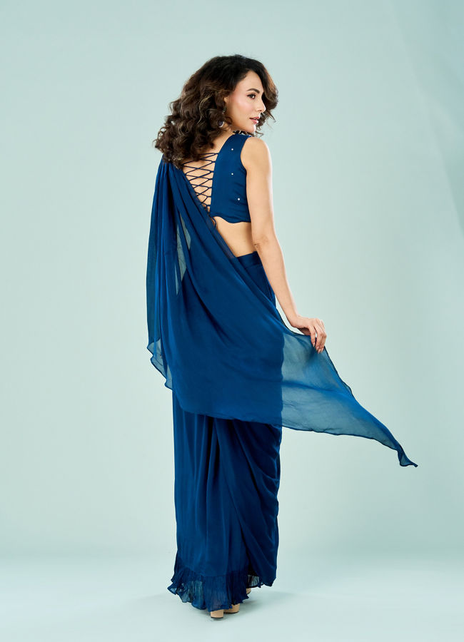 Mohey Women Stellar Blue Chinon Pre Draped Saree