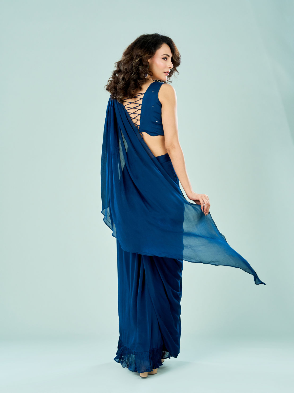 Mohey Women Stellar Blue Chinon Pre Draped Saree