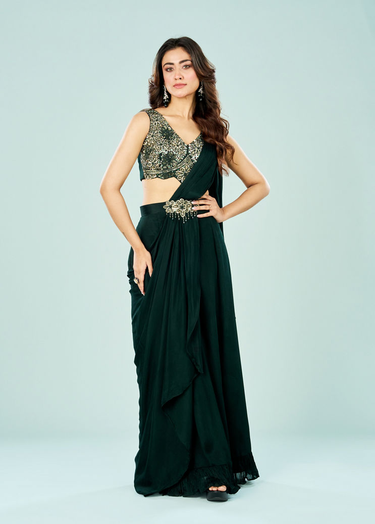 dark green indo western dress Green indo western in Italian print main image 1