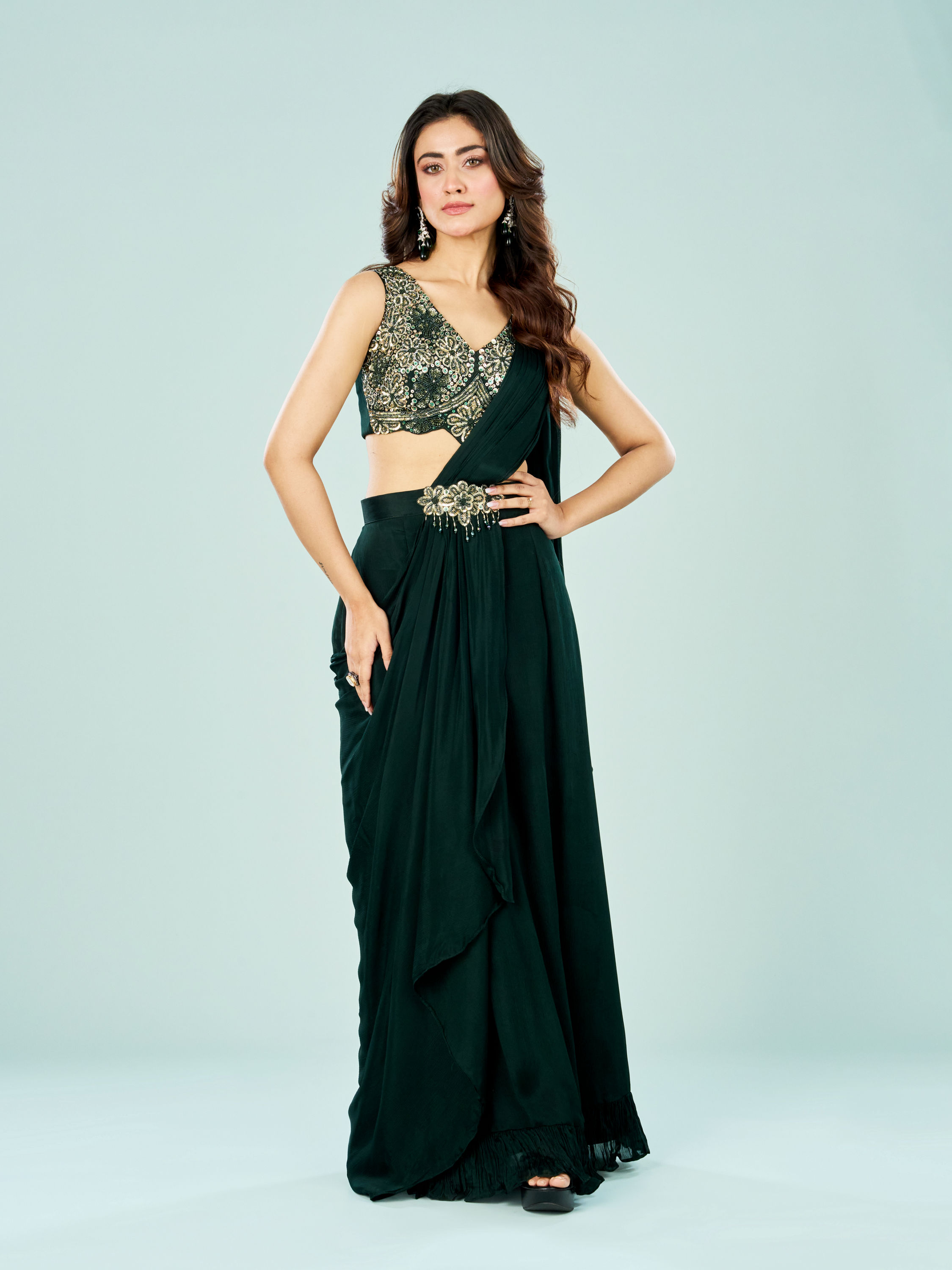 Mohey Women Bottle Green Elegance Pre Draped Saree