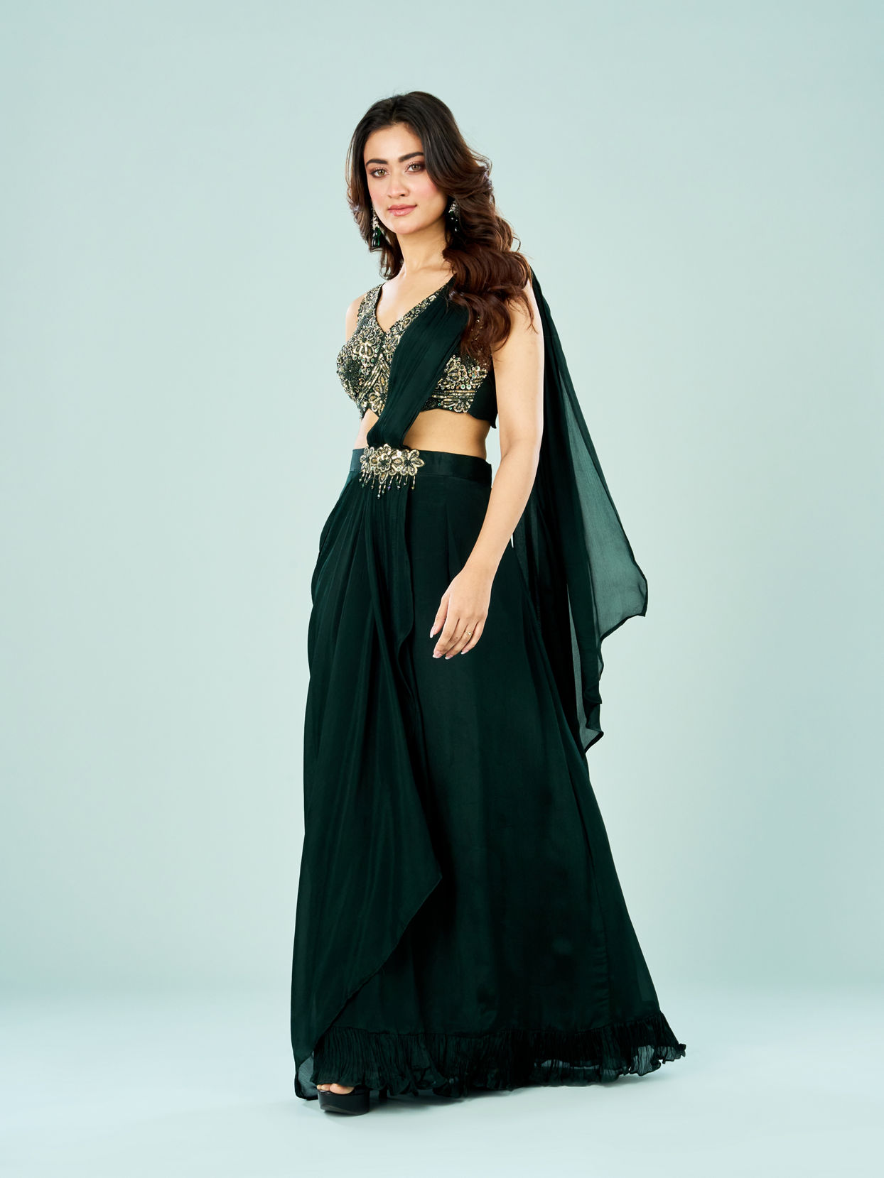 Mohey Women Bottle Green Elegance Pre Draped Saree