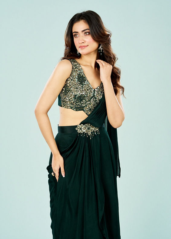 Mohey Women Bottle Green Elegance Pre Draped Saree