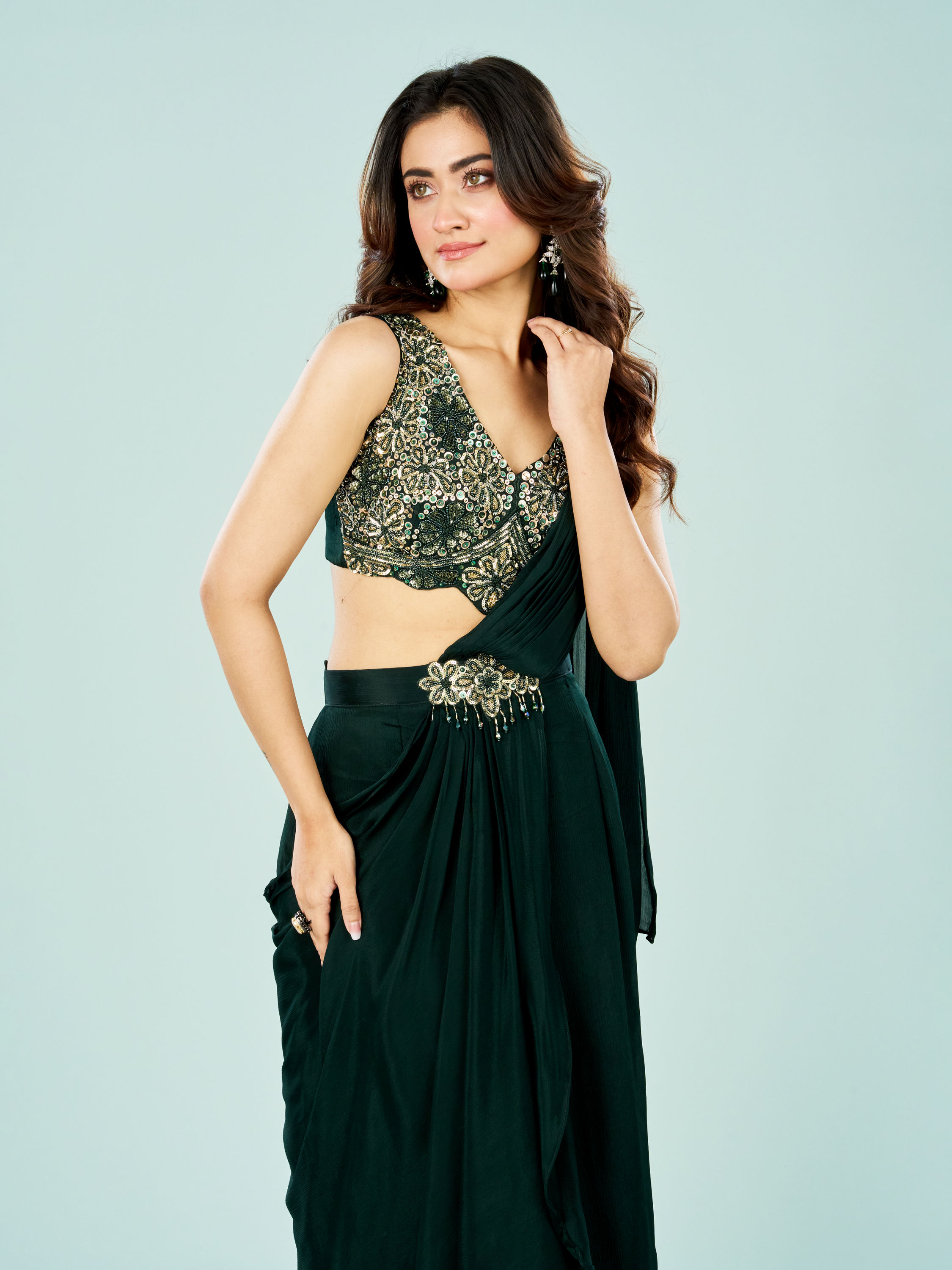 Mohey Women Bottle Green Elegance Pre Draped Saree