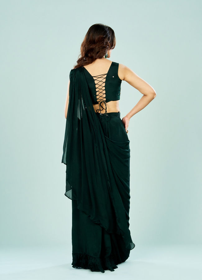 Mohey Women Bottle Green Elegance Pre Draped Saree