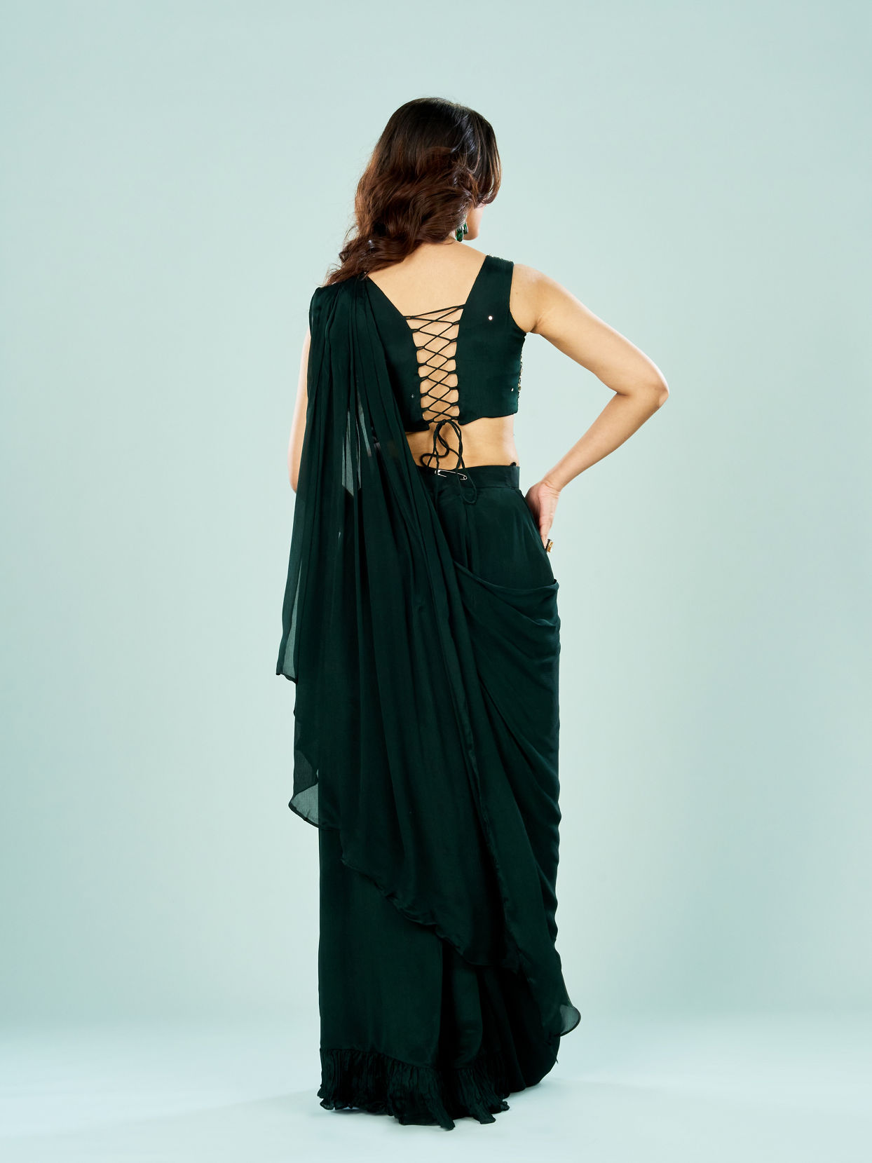 Mohey Women Bottle Green Elegance Pre Draped Saree