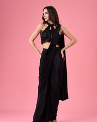 Mohey Women Black Chic Draped Pre Draped Saree