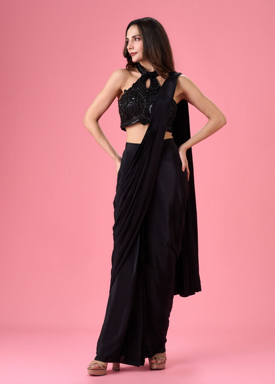 Mohey Women Black Chic Draped Pre Draped Saree