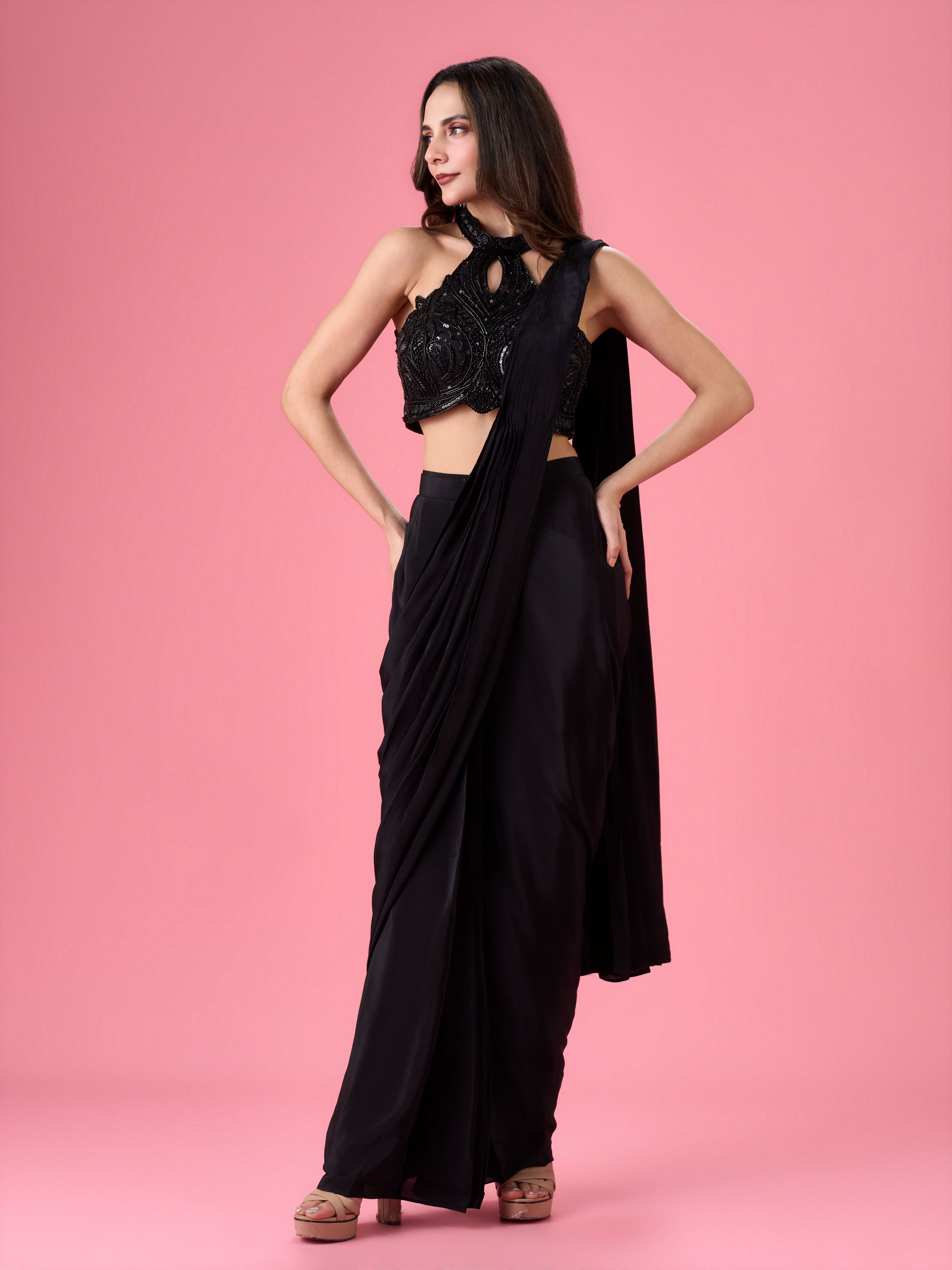Mohey Women Black Chic Draped Pre Draped Saree