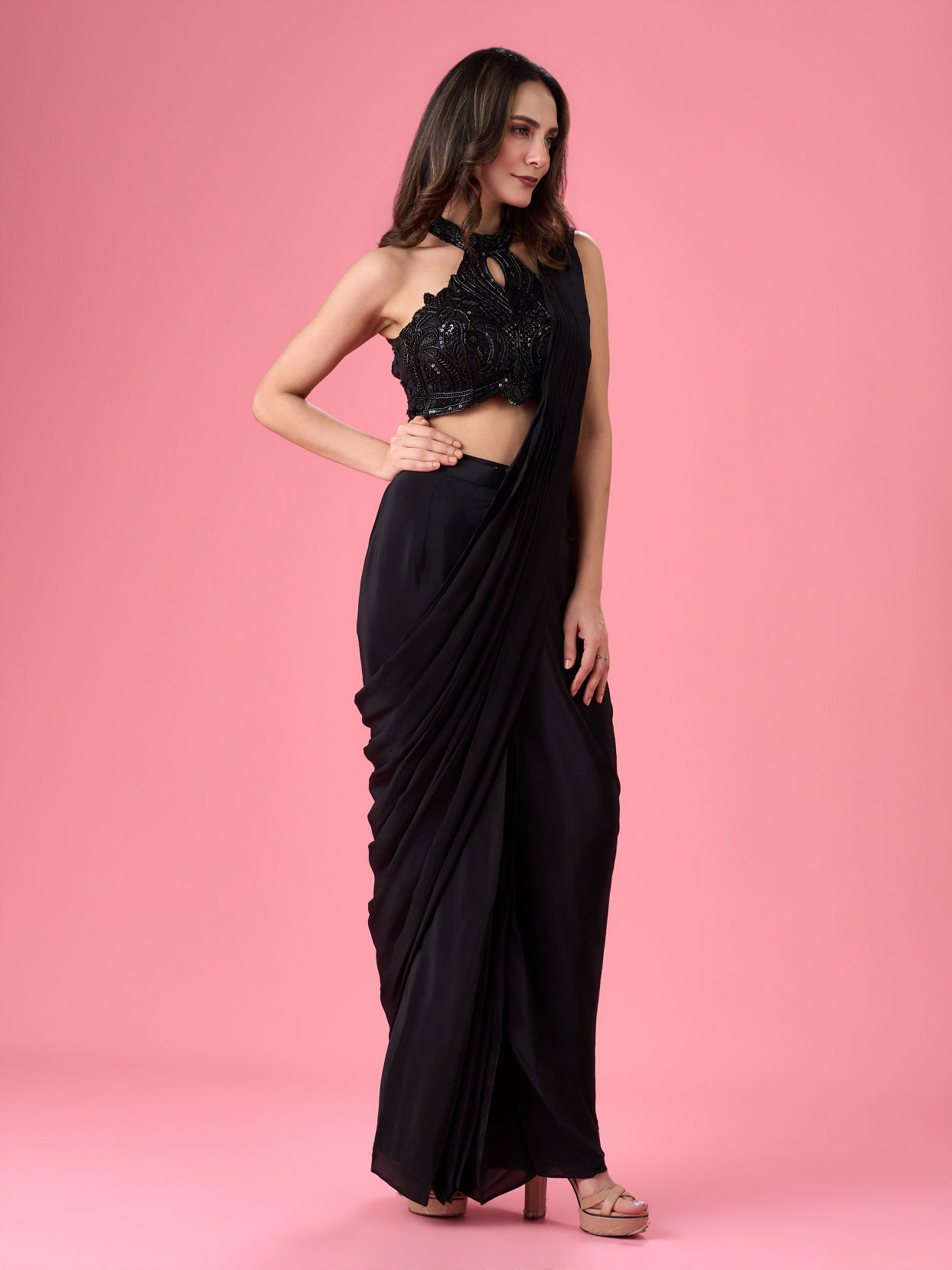 Mohey Women Black Chic Draped Pre Draped Saree