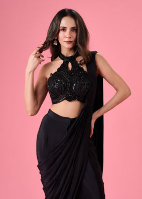 Mohey Women Black Chic Draped Pre Draped Saree