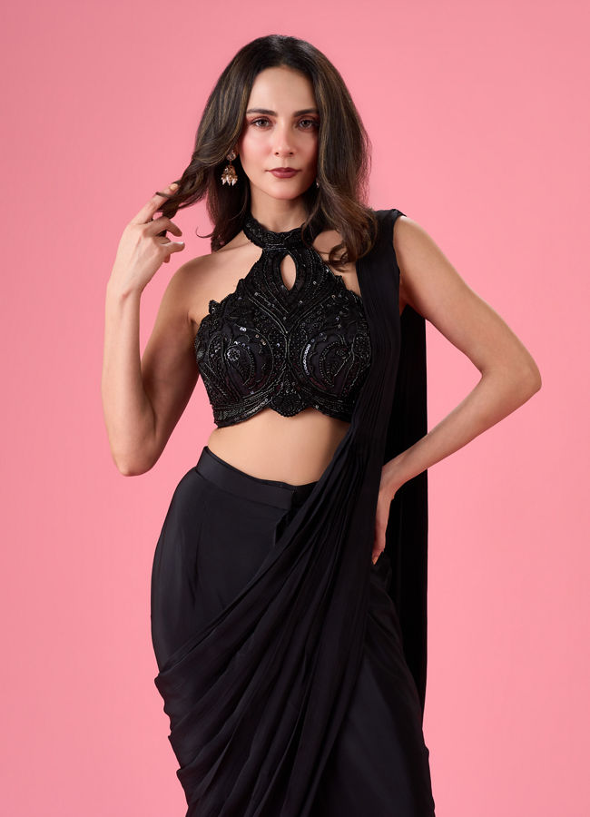 Mohey Women Black Chic Draped Pre Draped Saree