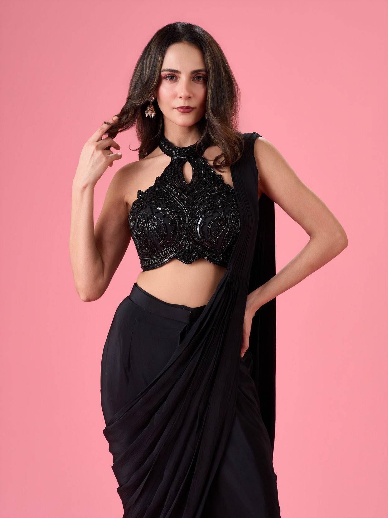 Mohey Women Black Chic Draped Pre Draped Saree