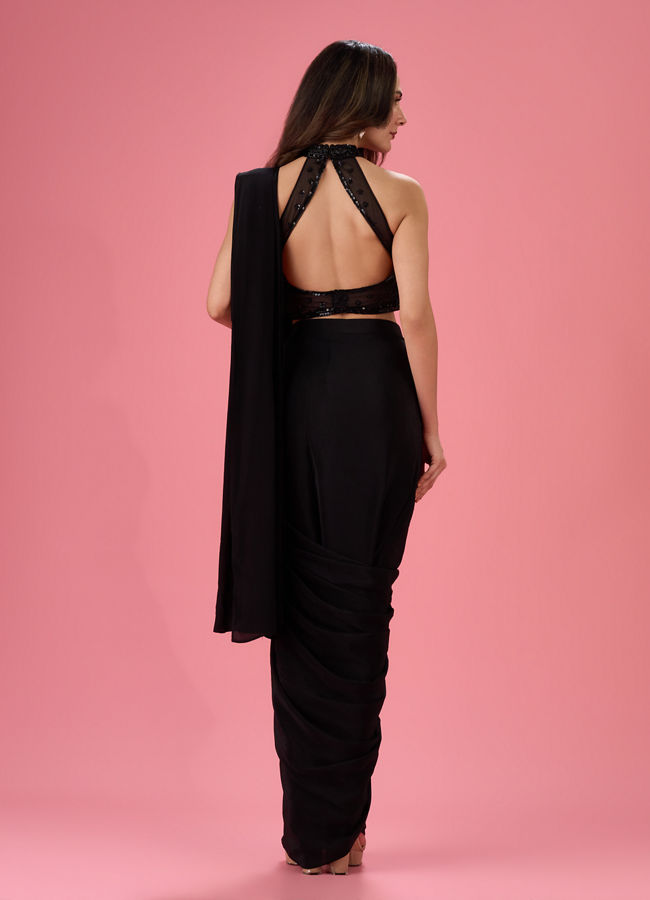 Mohey Women Black Chic Draped Pre Draped Saree