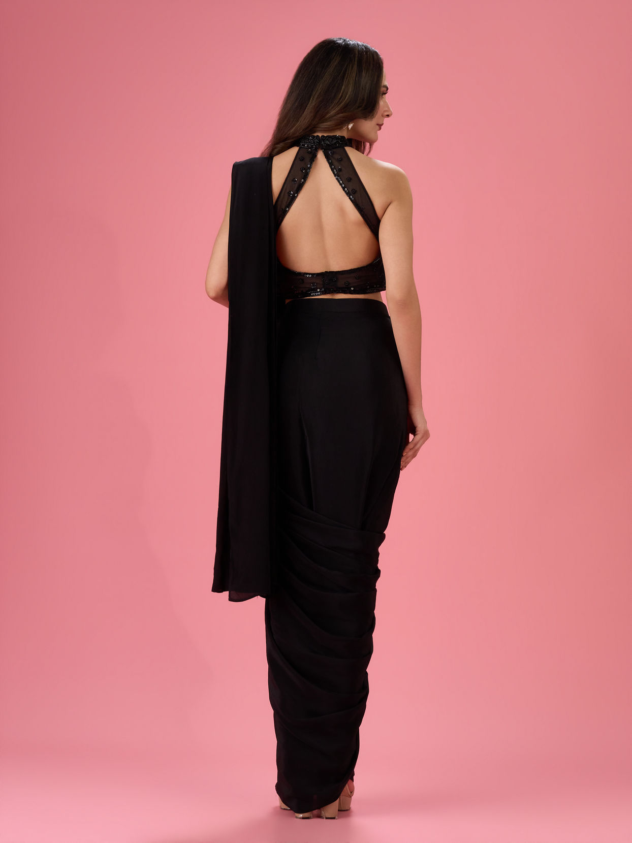 Mohey Women Black Chic Draped Pre Draped Saree