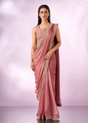 Mohey Women Pink Organza Saree with Moti Work