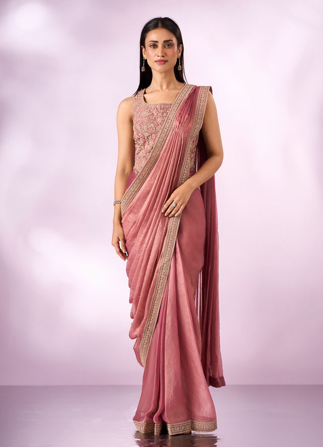 Mohey Women Pink Organza Saree with Moti Work