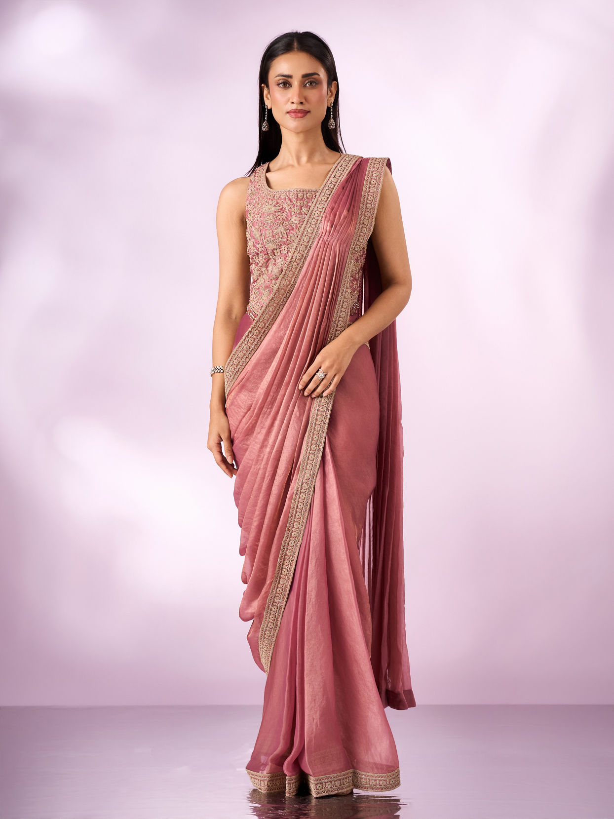 Mohey Women Pink Organza Saree with Moti Work
