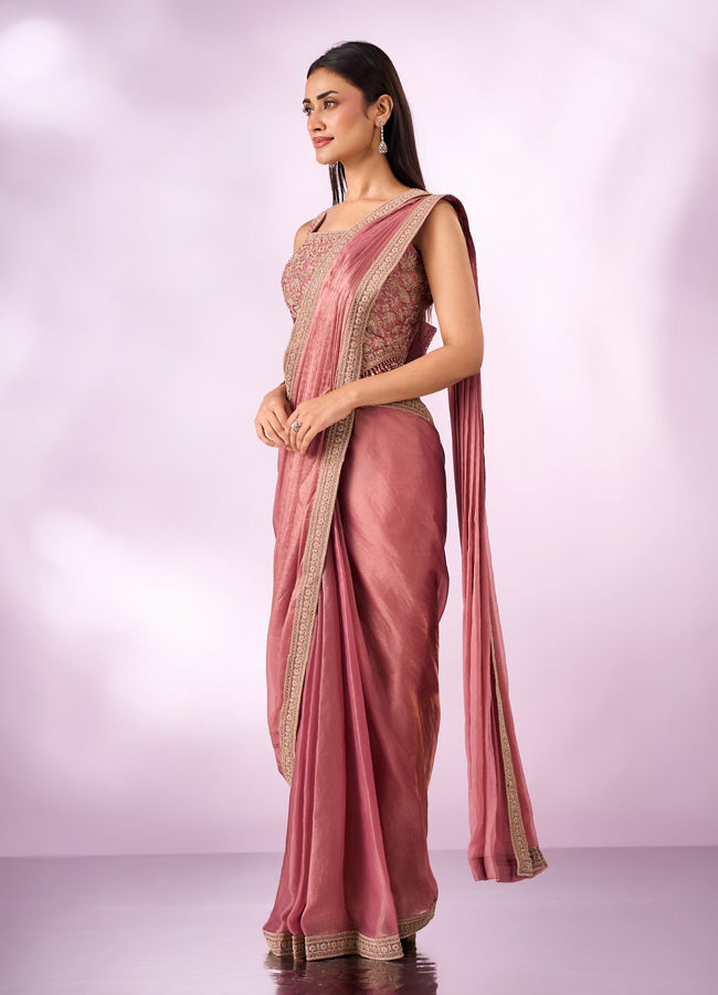 Mohey Women Pink Organza Saree with Moti Work