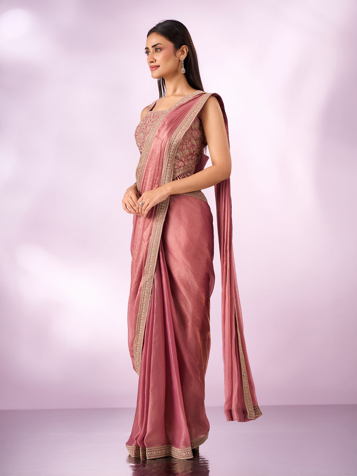 Mohey Women Pink Organza Saree with Moti Work