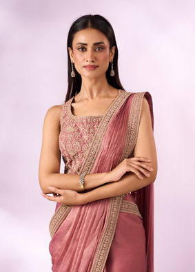 Mohey Women Pink Organza Saree with Moti Work