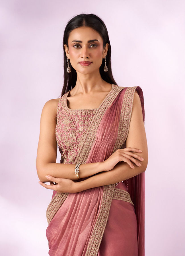 Mohey Women Pink Organza Saree with Moti Work