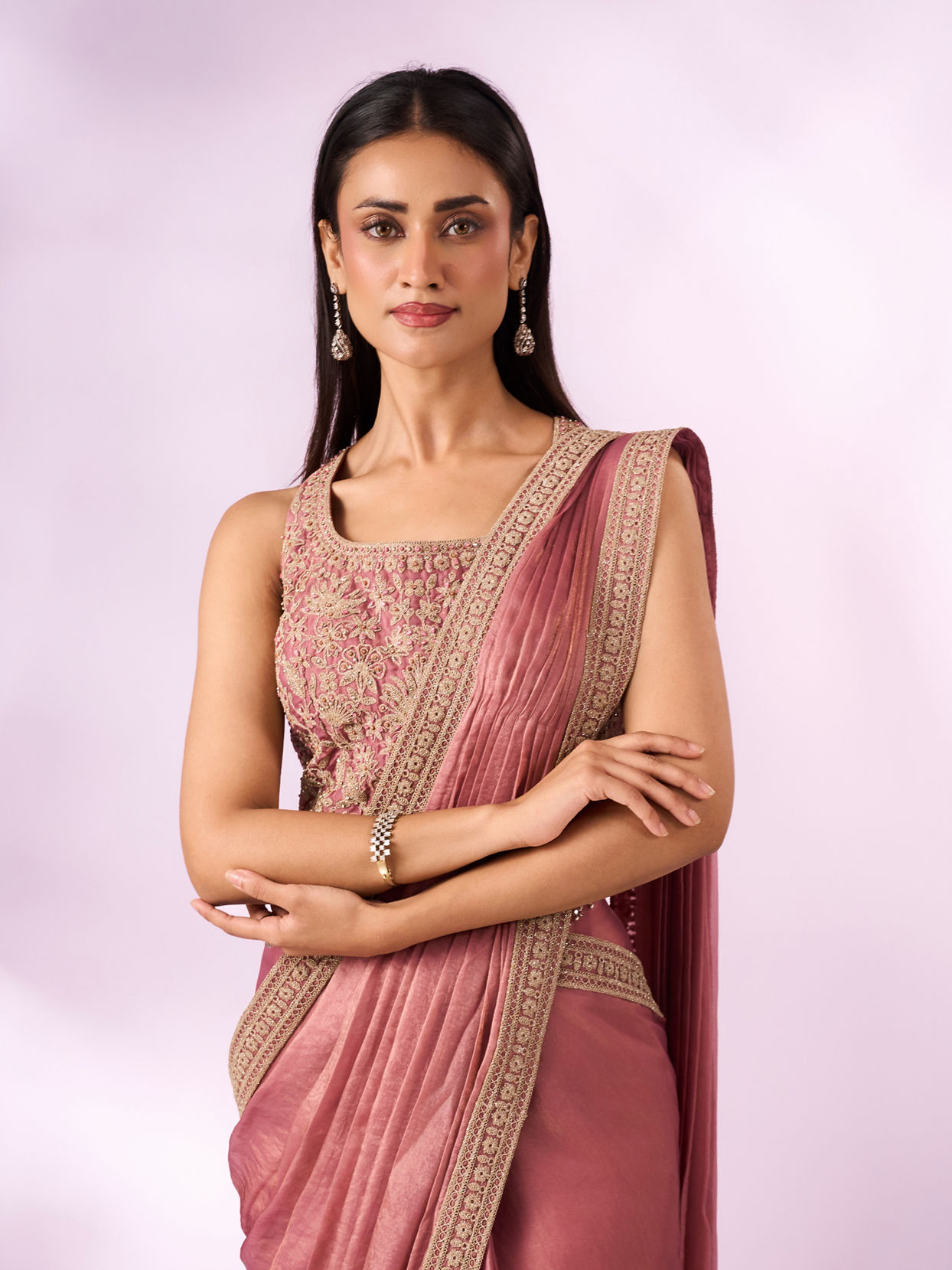 Mohey Women Pink Organza Saree with Moti Work