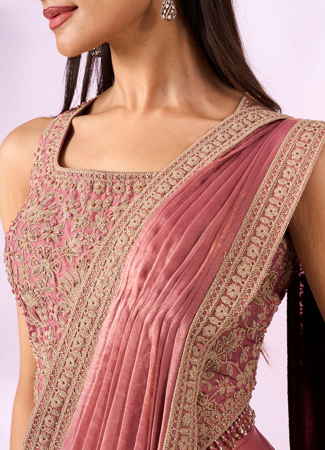 Mohey Women Pink Organza Saree with Moti Work