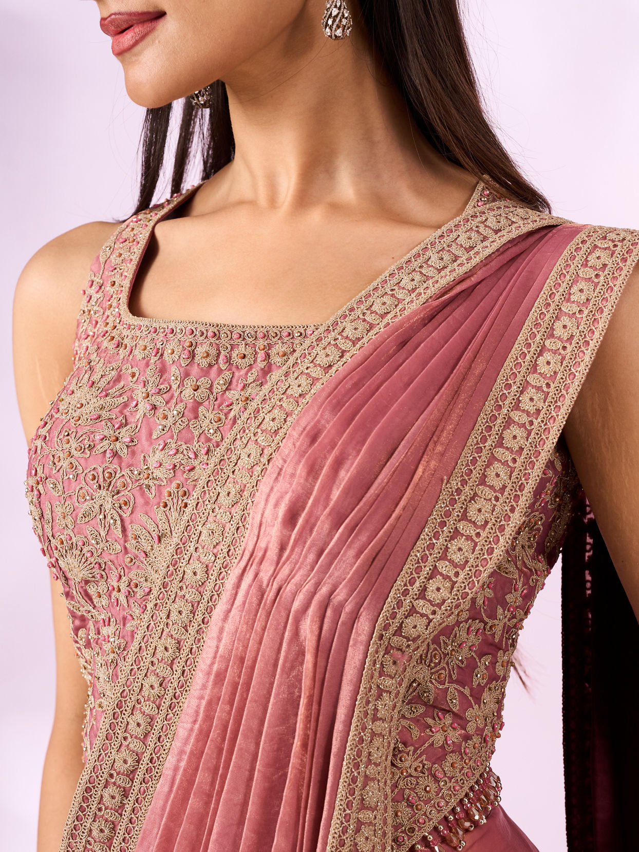 Mohey Women Pink Organza Saree with Moti Work