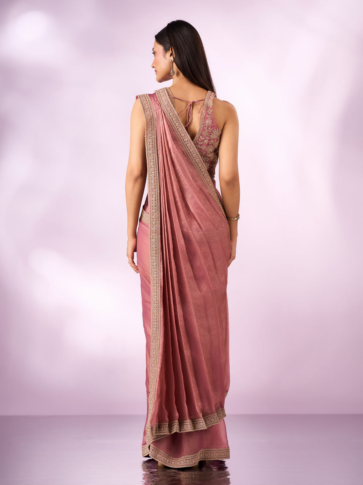 Mohey Women Pink Organza Saree with Moti Work
