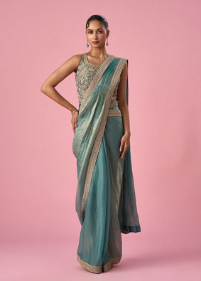 Mohey Women Sea Green Organza Pre Draped Saree