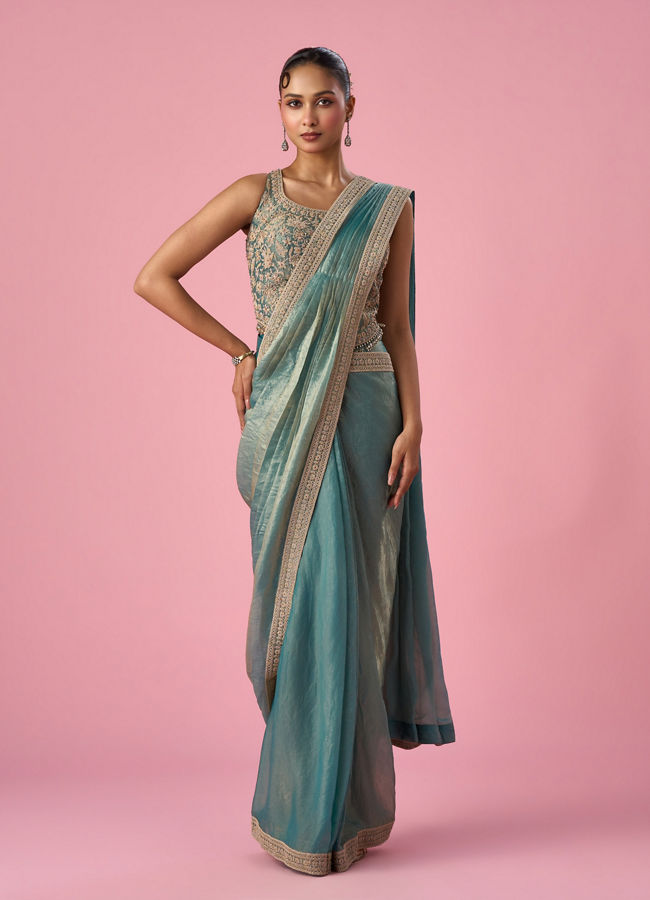 Mohey Women Sea Green Organza Pre Draped Saree