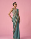 Mohey Women Sea Green Organza Pre Draped Saree