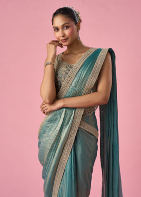Mohey Women Sea Green Organza Pre Draped Saree