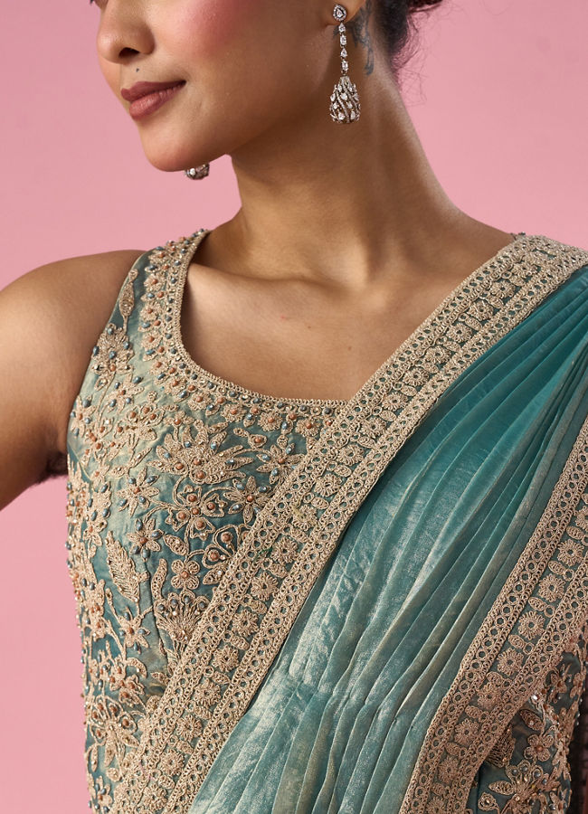 Mohey Women Sea Green Organza Pre Draped Saree