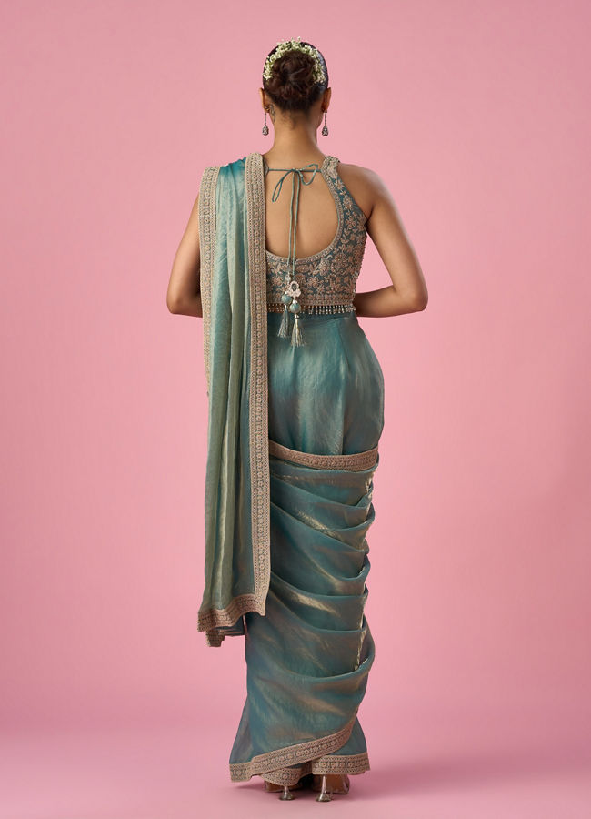 Mohey Women Sea Green Organza Pre Draped Saree