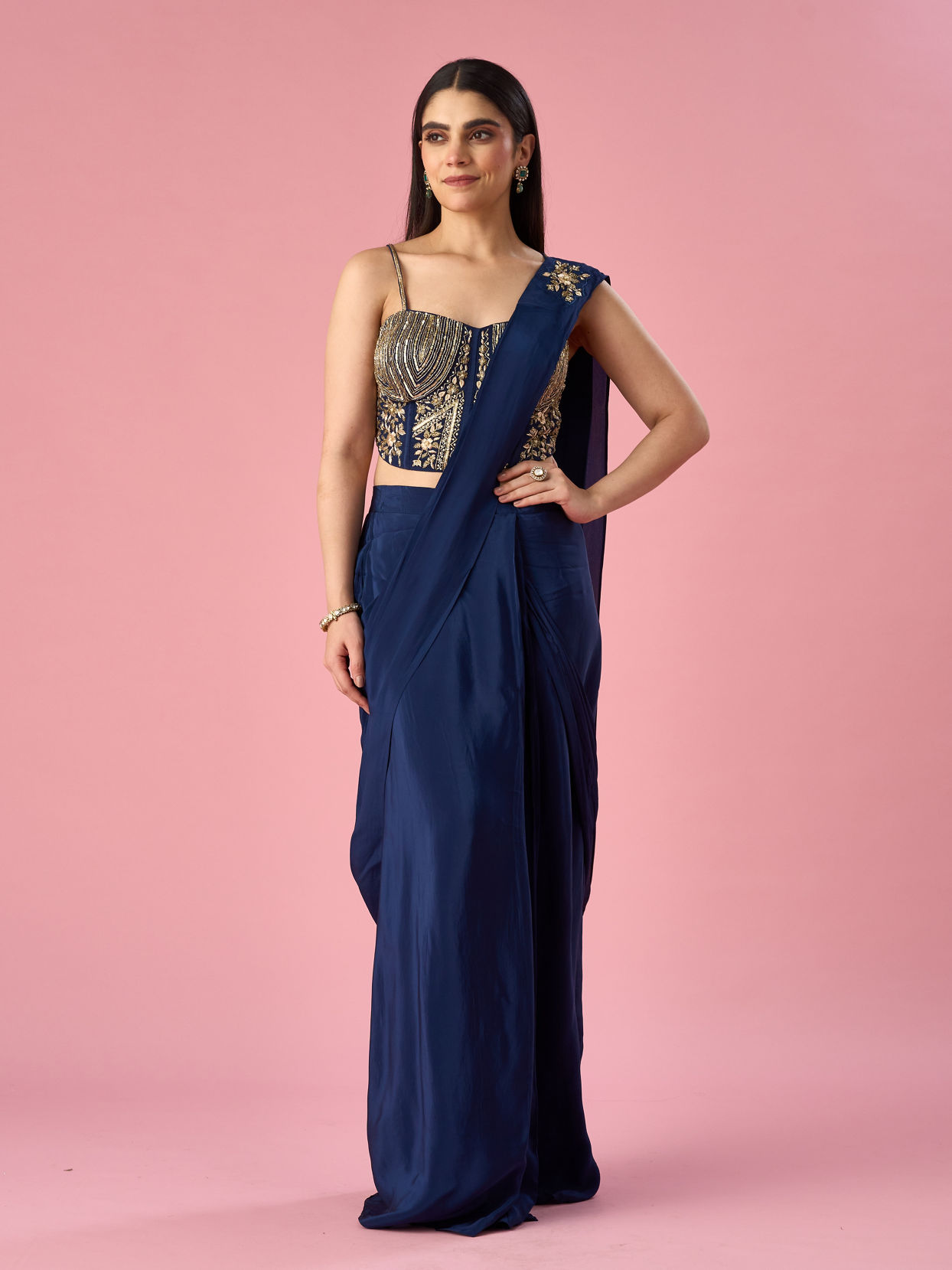 Mohey Women Indigo Blue Satin Pre Draped Saree with Cutdana Work