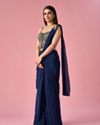 Mohey Women Indigo Blue Satin Pre Draped Saree with Cutdana Work