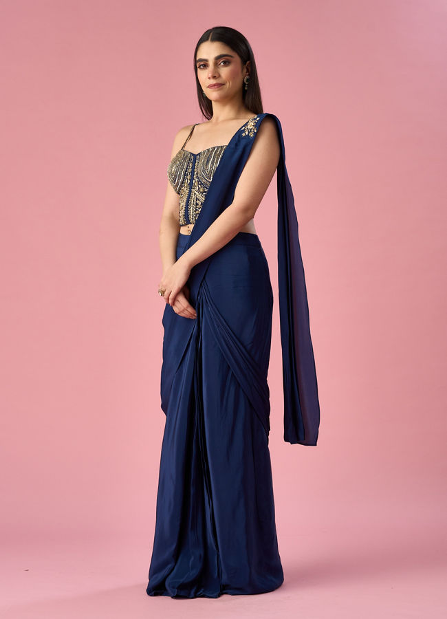 Mohey Women Indigo Blue Satin Pre Draped Saree with Cutdana Work