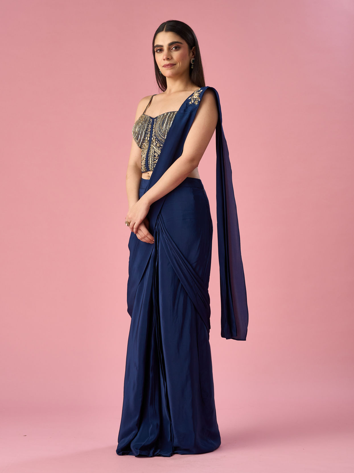 Mohey Women Indigo Blue Satin Pre Draped Saree with Cutdana Work