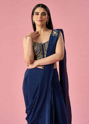 Mohey Women Indigo Blue Satin Pre Draped Saree with Cutdana Work