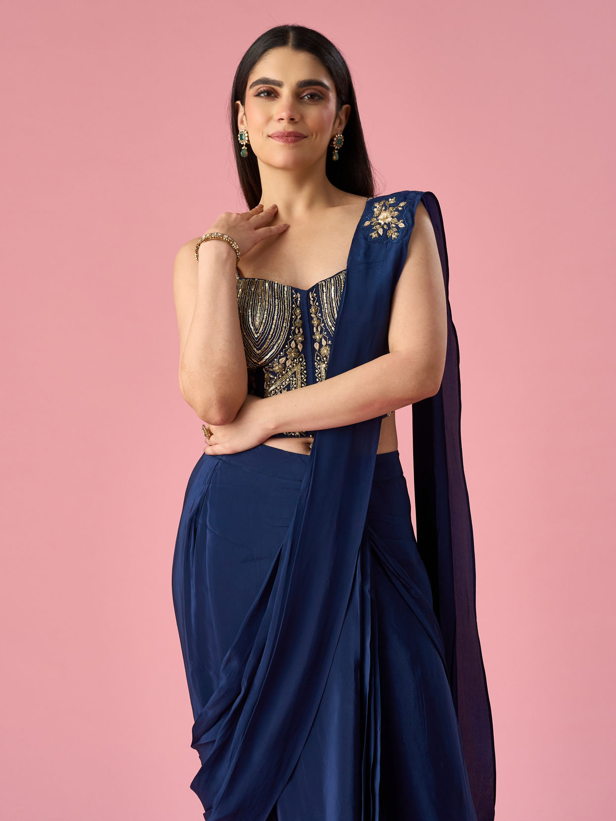 Mohey Women Indigo Blue Satin Pre Draped Saree with Cutdana Work
